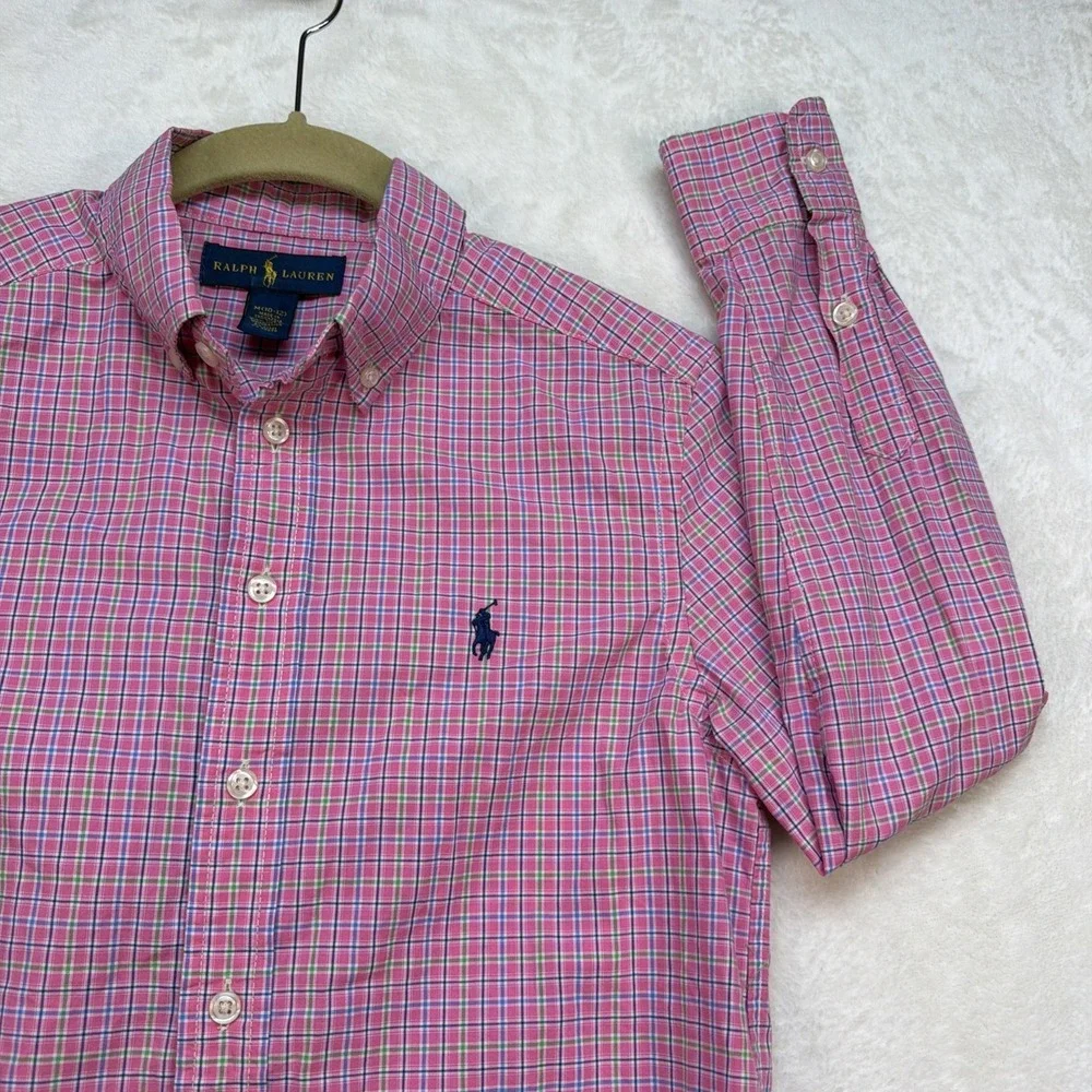 Ralph Lauren Boys Button Down Shirt‎ Pink Blue Plaid Preppy Size 10 12
